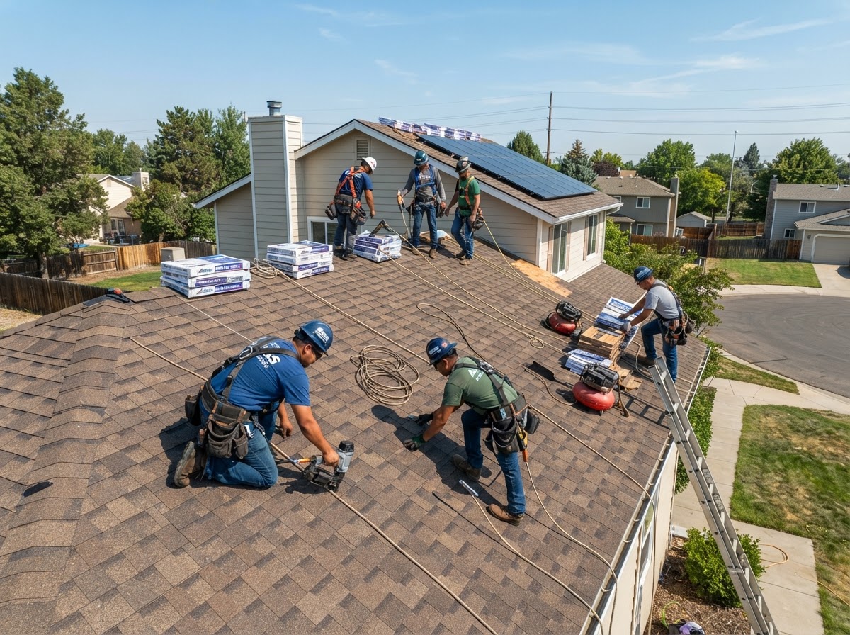 Christopher Sennott roofing crew installing new architectural shingles on a residential home