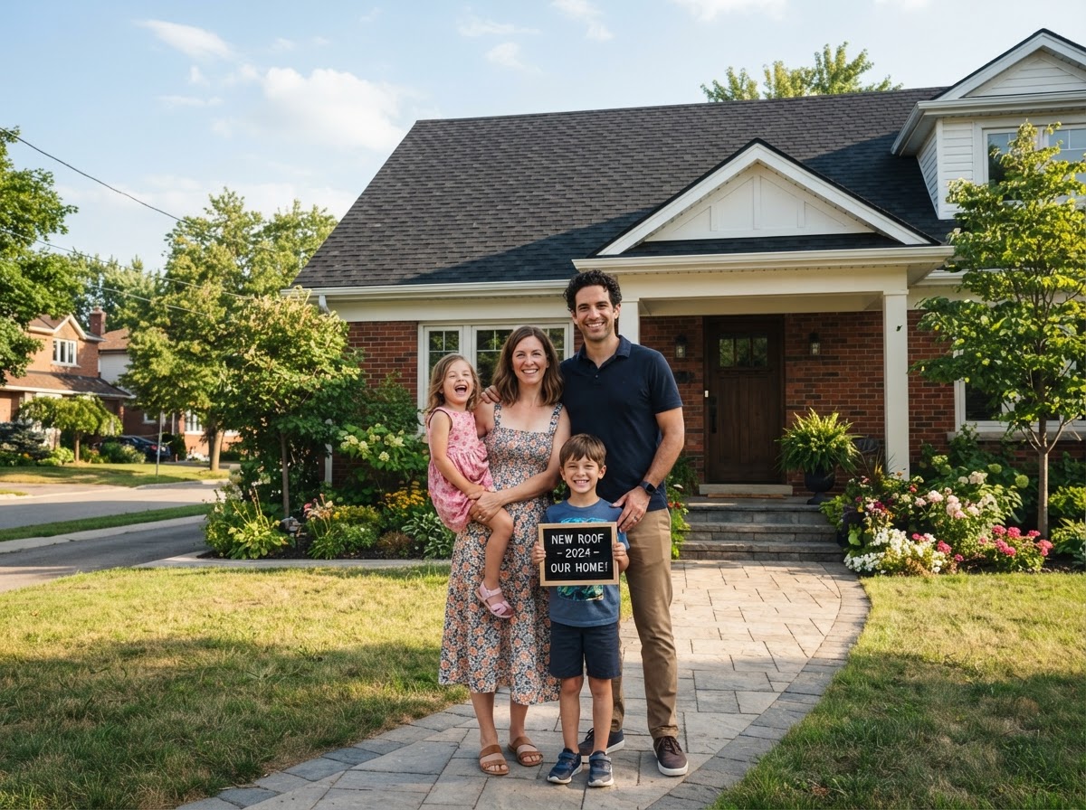 A happy family in front of their home with a beautiful brand new charcoal shingle roof