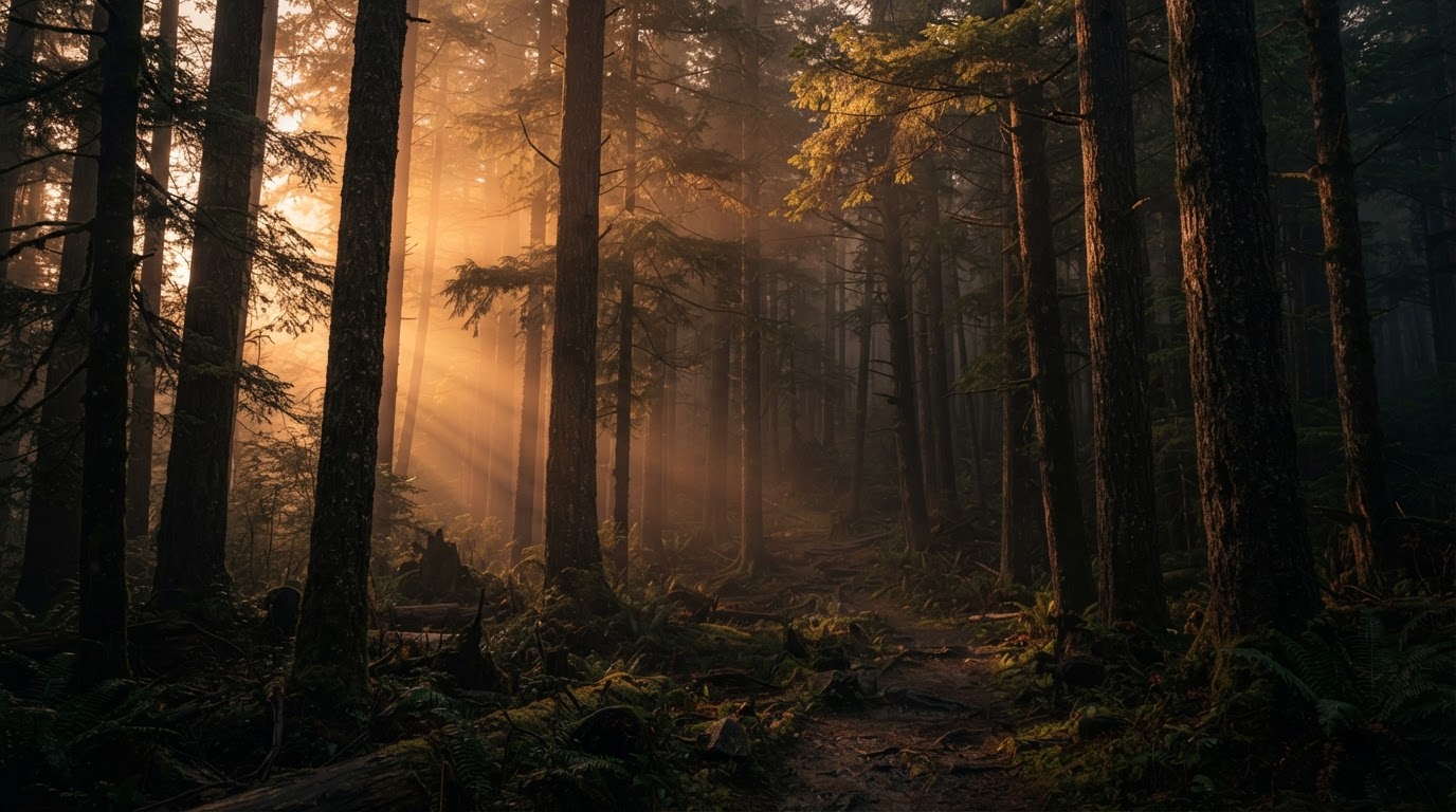 Atmospheric woodland forest backdrop with golden morning light