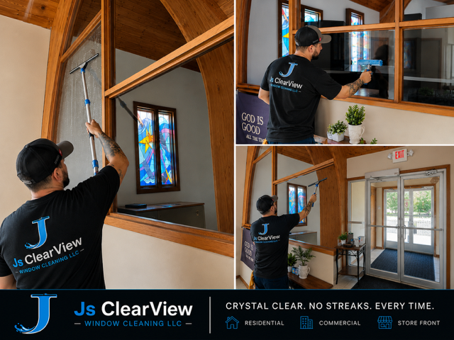 Js ClearView technician cleaning arched architectural glass