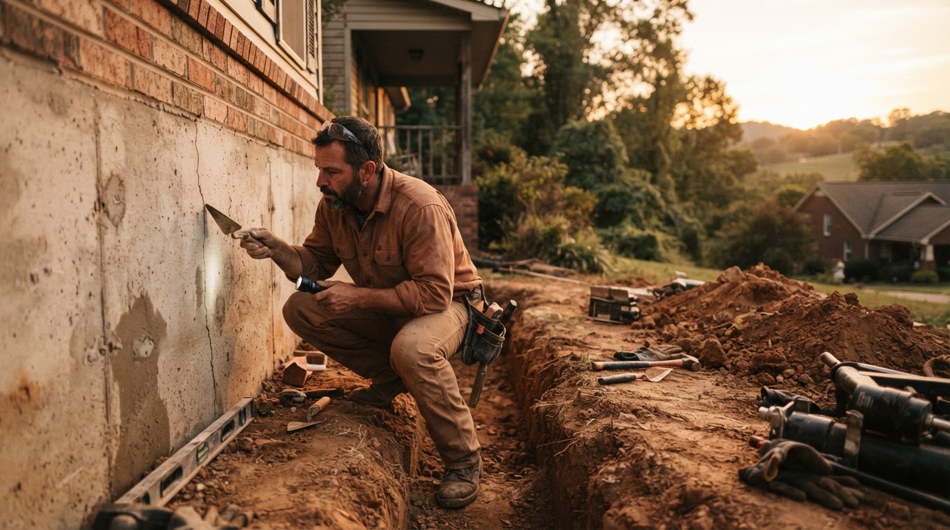 Foundation repair specialist inspecting a cracked concrete foundation wall in Smyrna, TN