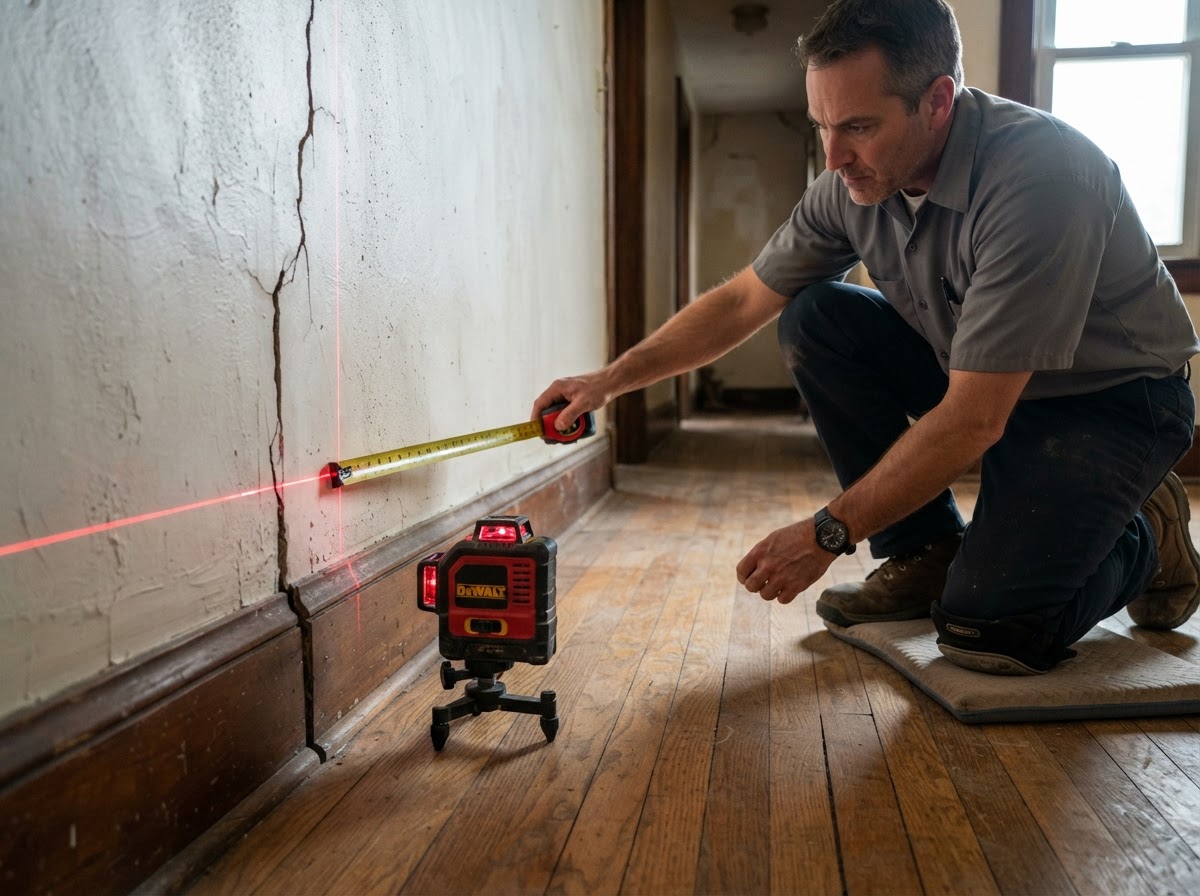 A technician using a level to check for floor slope — answering how serious a foundation problem is