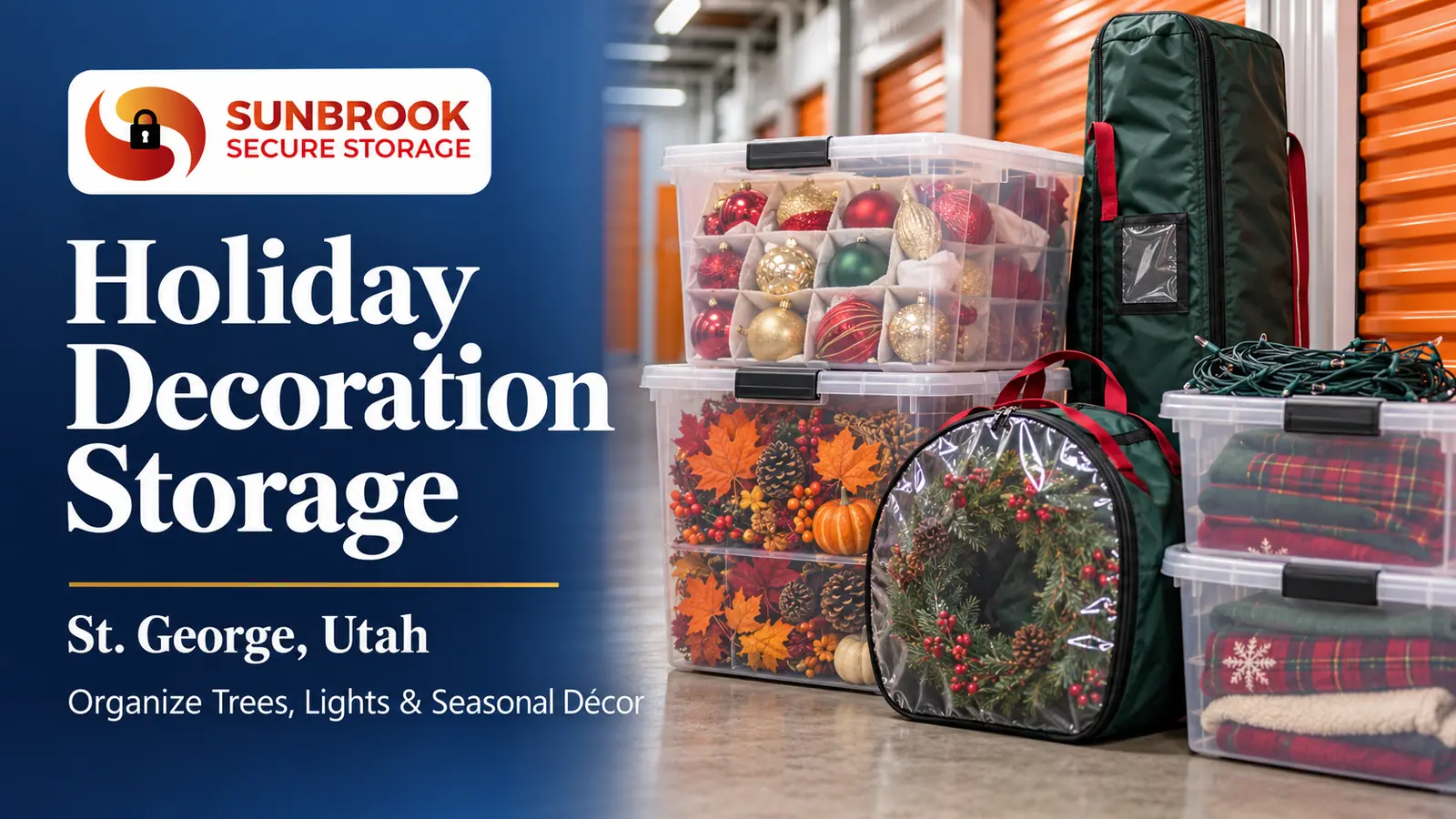 Holiday decoration storage in St. George, Utah, illustrated with ornament containers, seasonal décor, a wreath bag, and an artificial tree bag.