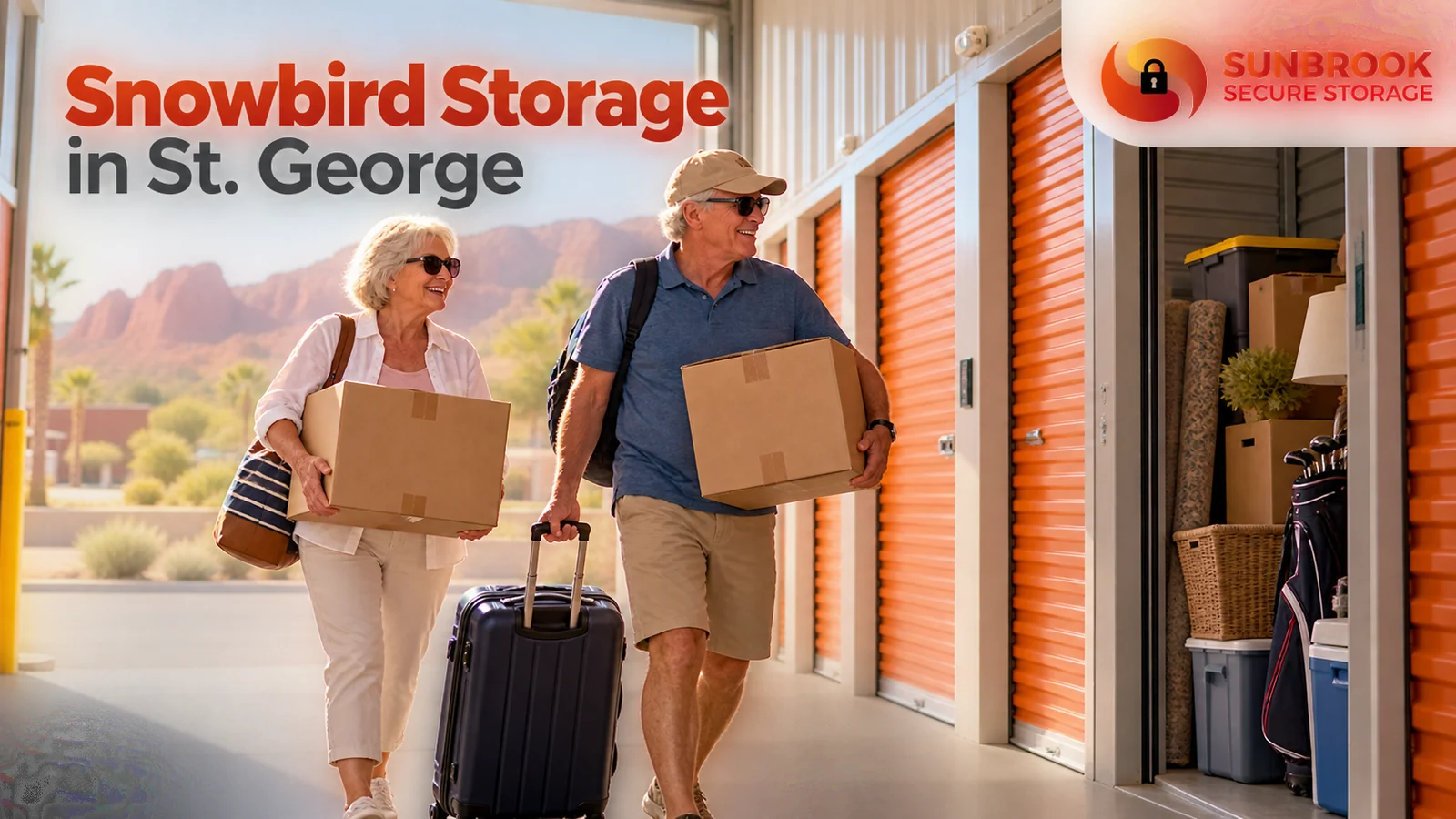Snowbird couple moving boxes into indoor storage in St. George, Utah, before leaving for summer.