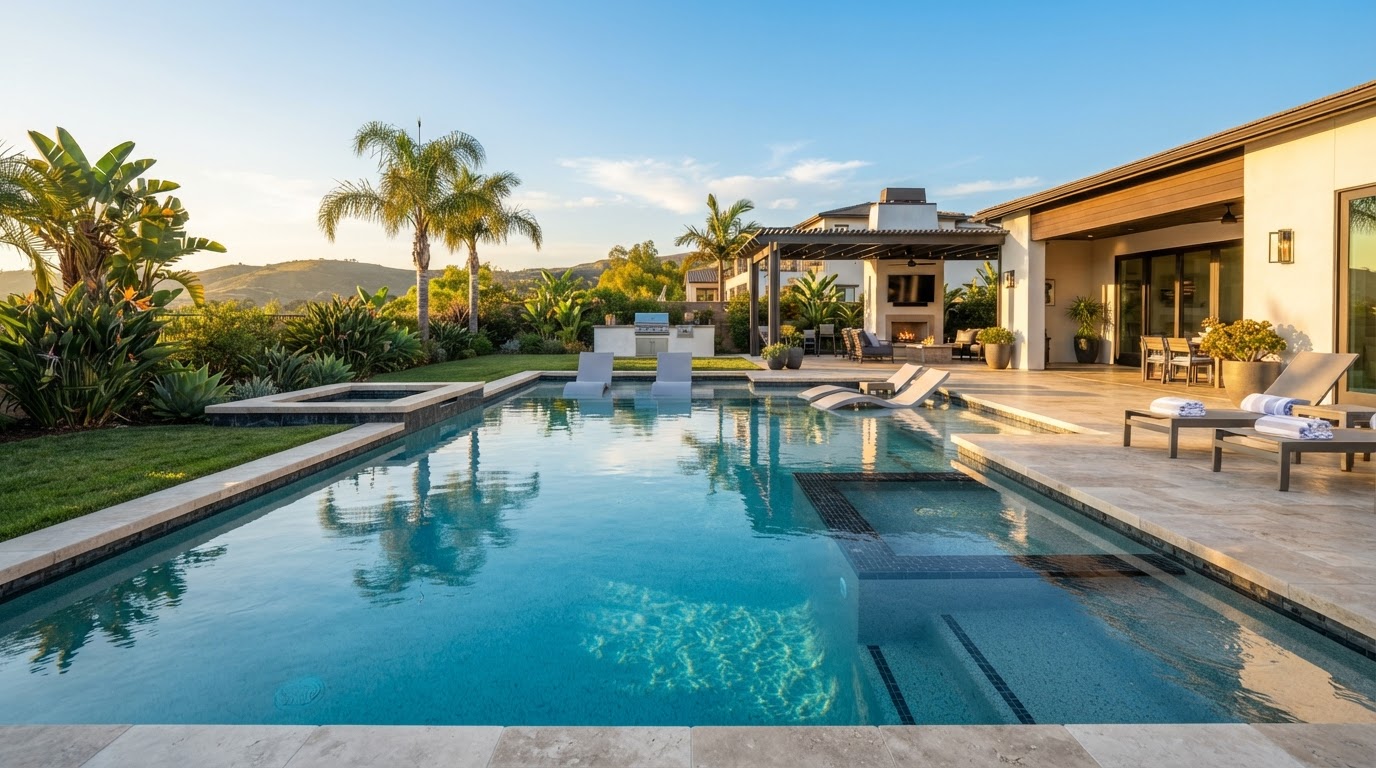 Sparkling clean residential swimming pool with clear turquoise water in a Southern California backyard