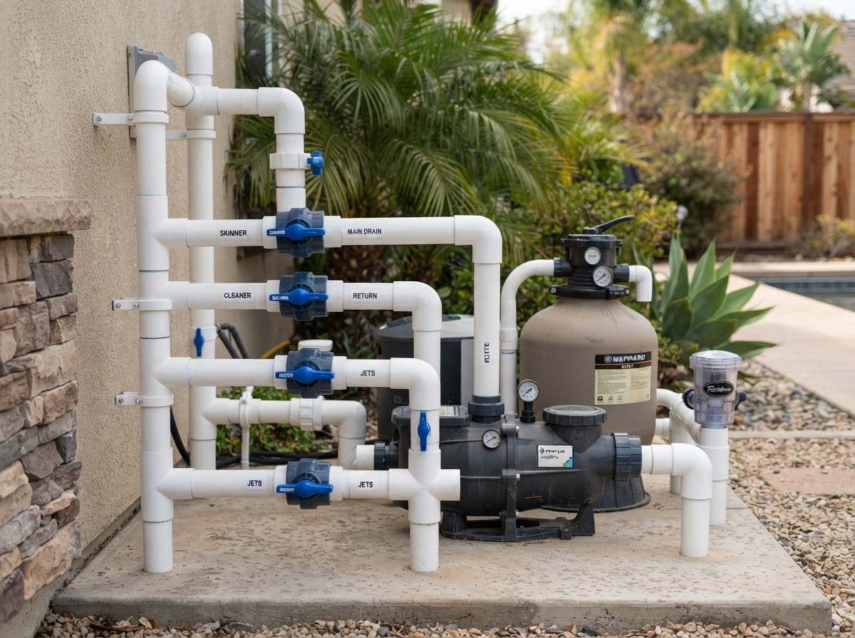 Pool plumbing pipes and valves at a residential equipment pad serviced by a pool team in Tustin, CA