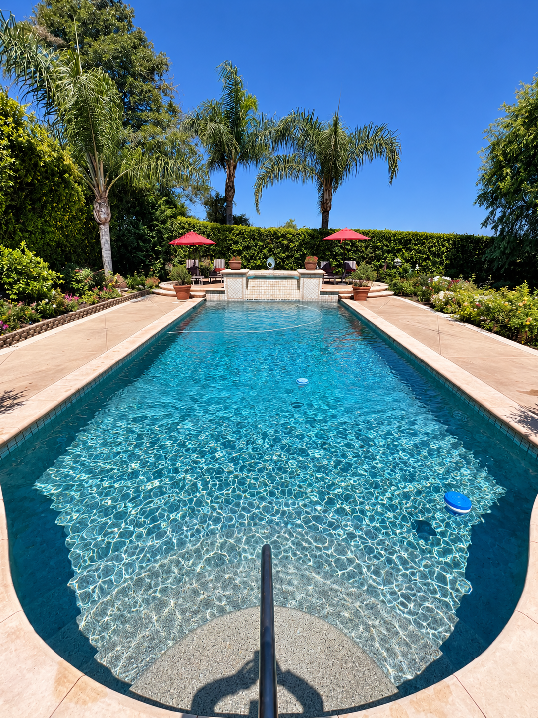 Clean backyard swimming pool with palm trees, spa, and sun patio