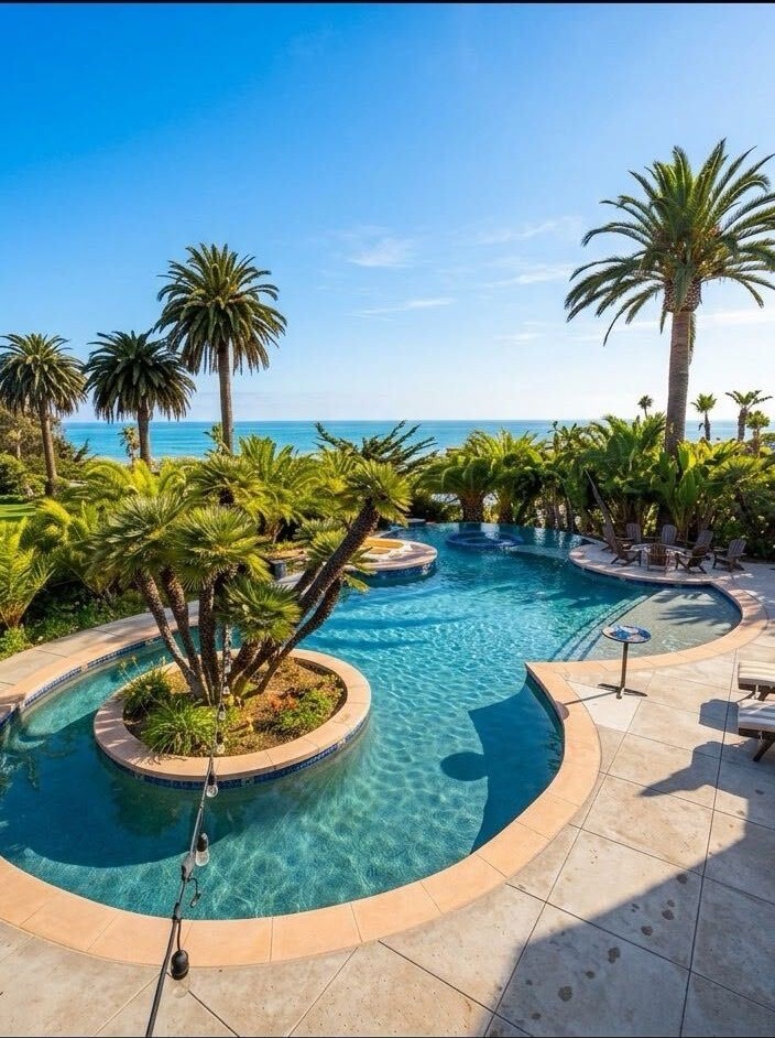 Tropical backyard swimming pool with palm trees overlooking the ocean