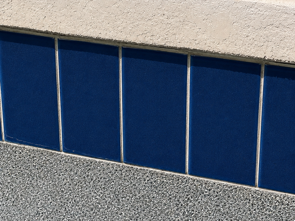 Clean blue waterline pool tiles after calcium removal and restoration service