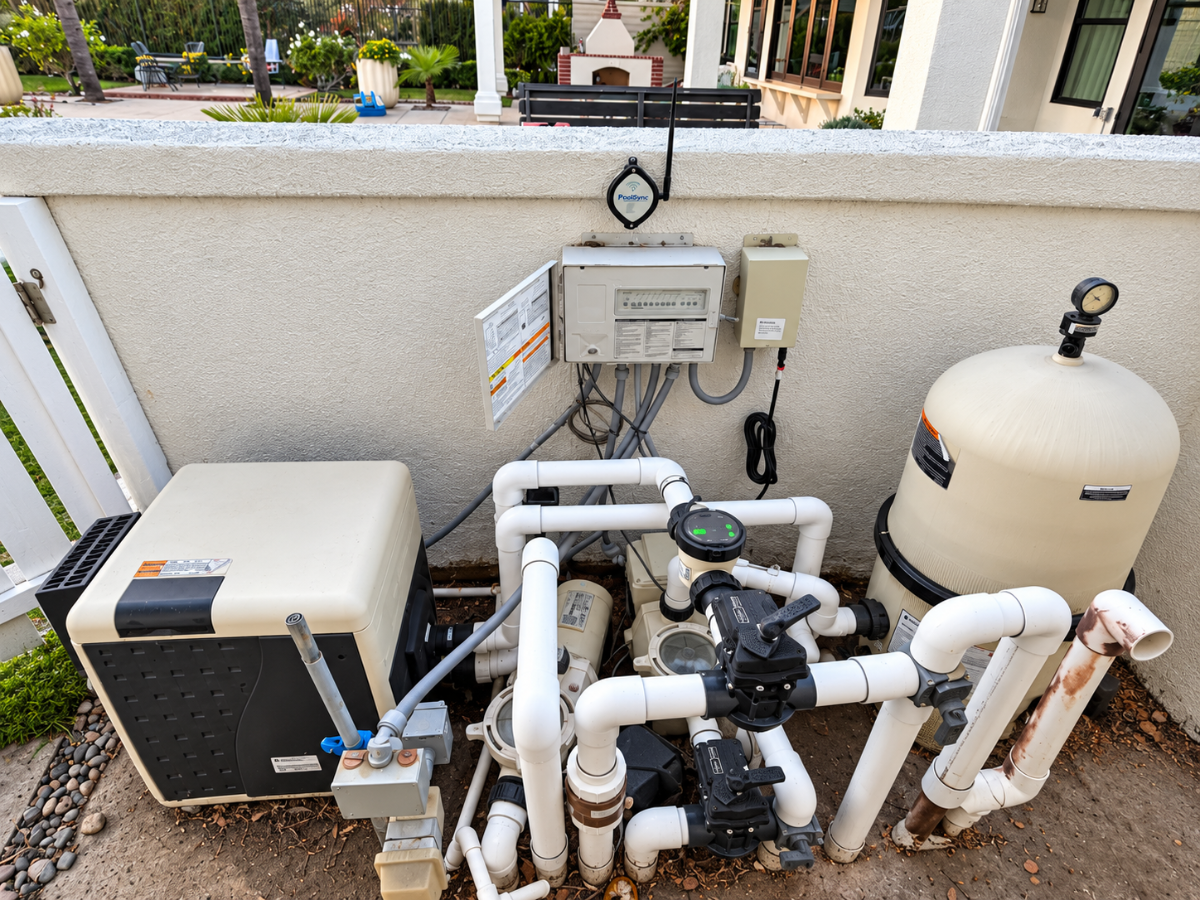 Pool plumbing pipes and valves at a residential equipment pad serviced by a pool team