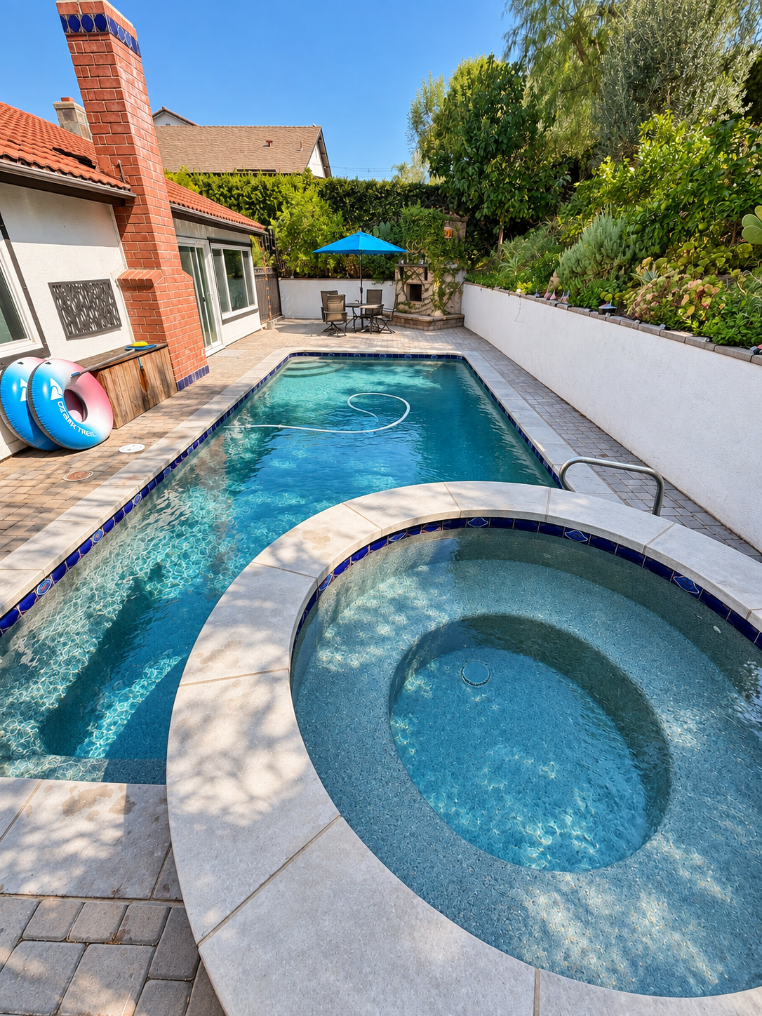 Sparkling backyard swimming pool and integrated round spa with travertine coping and blue waterline tile