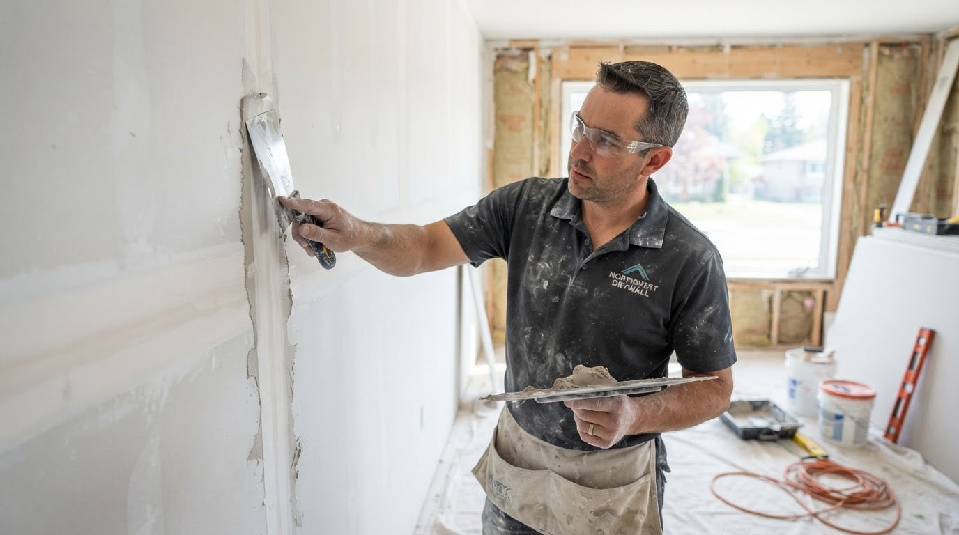 Drywaller applying joint compound mud to a taped seam in Ottawa