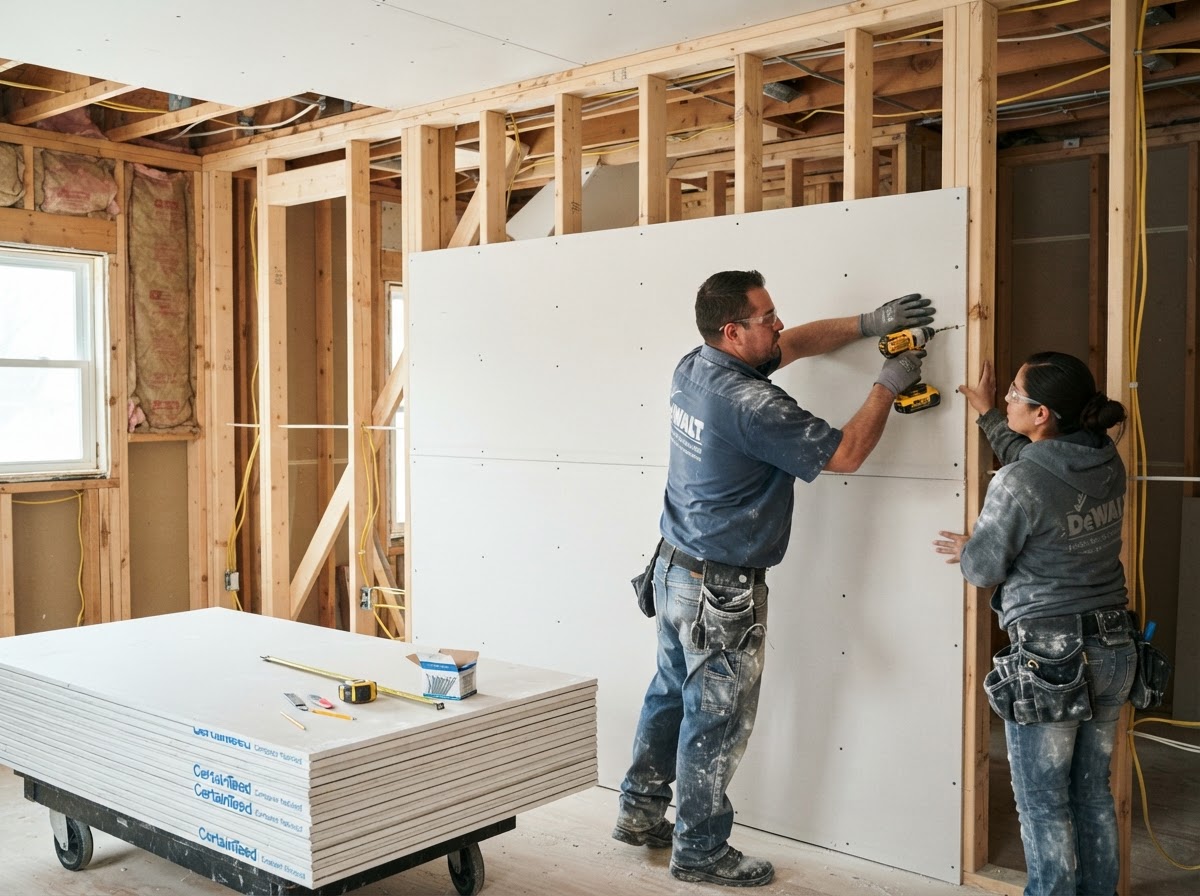 Drywall installation hanging sheets on framed studs Ottawa