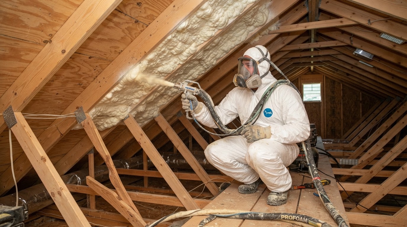 Technician applying open-cell spray foam insulation to roof deck in Oklahoma attic