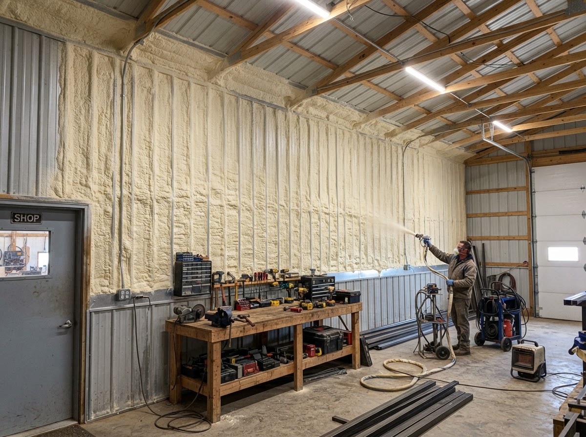 Closed cell spray foam insulation on corrugated metal shop building
