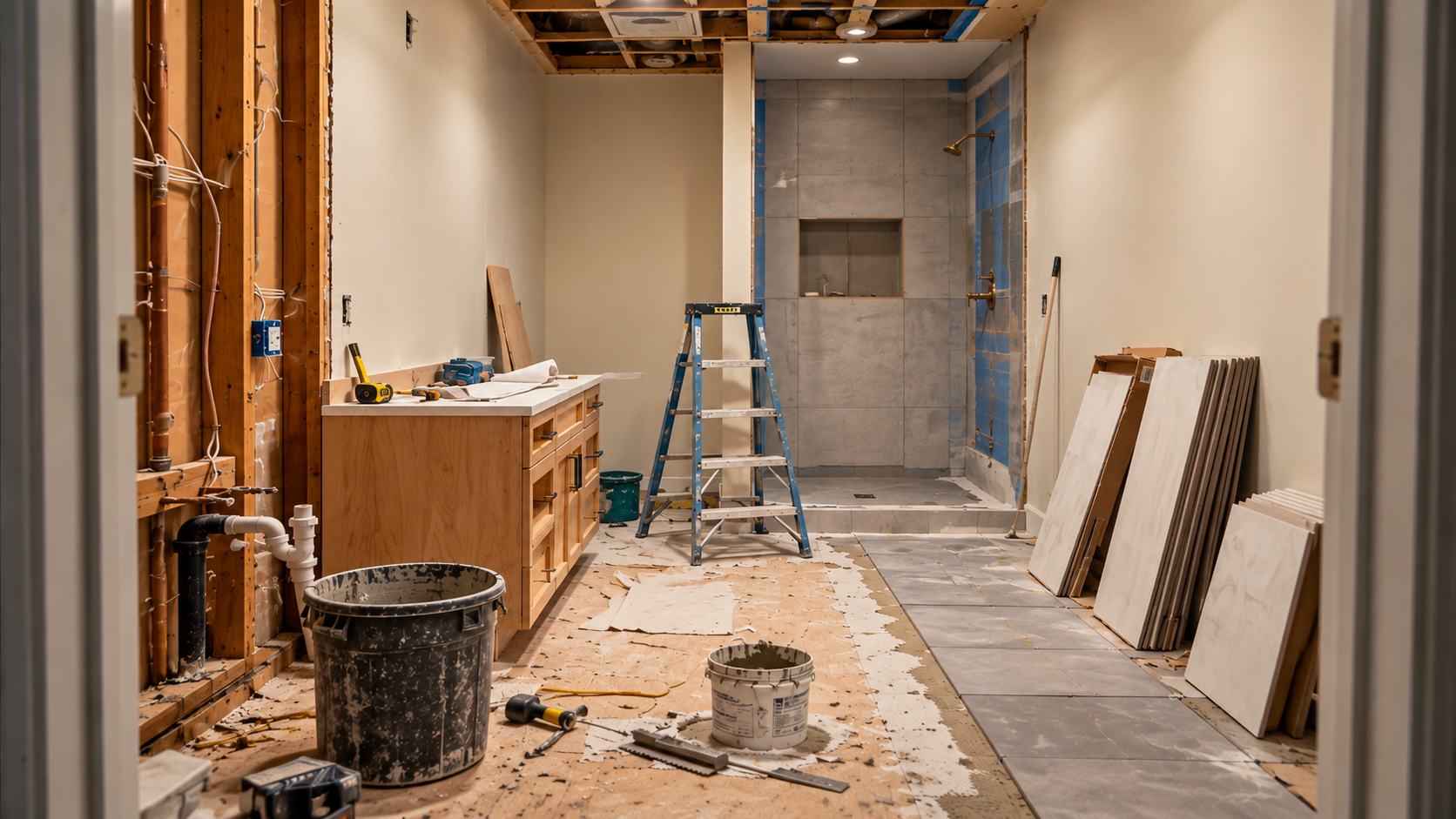 Remodeling in progress rough-in and tile layout