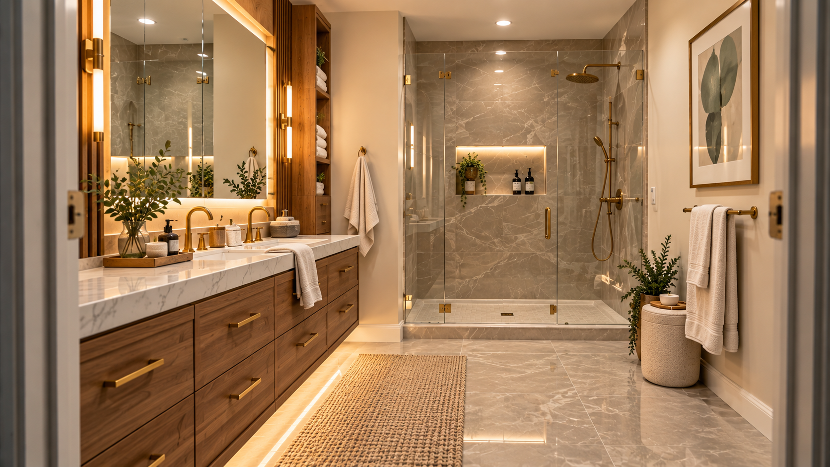 Completed remodel showcase with custom vanity and tile work
