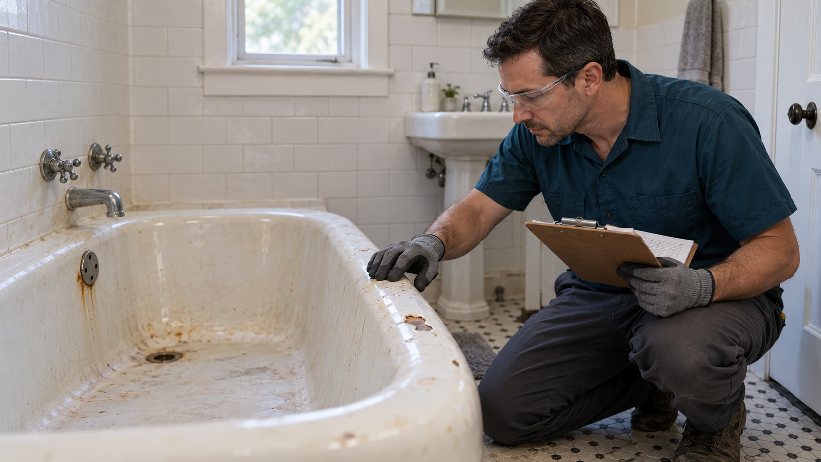Technician inspecting a worn bathtub with a clipboard before refinishing