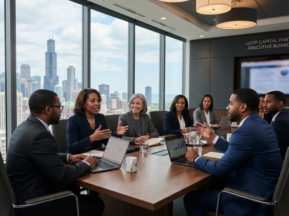 African American business owners collaborating around a conference table in a Chicago executive boardroom