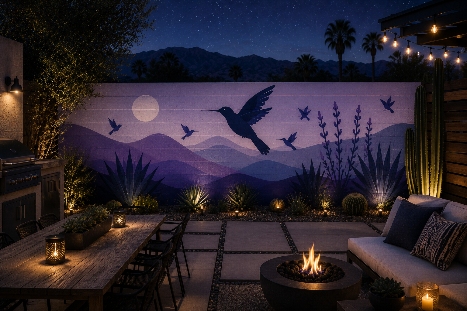 Moonlit desert hummingbird patio mural hand-painted by Palm Springs mural artist Warren Priske