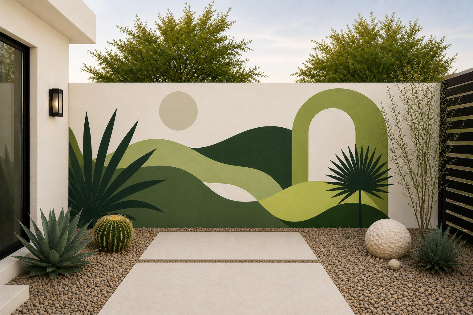 Sage green architectural arch and rolling dune courtyard mural hand-painted by Palm Springs mural painter Warren Priske