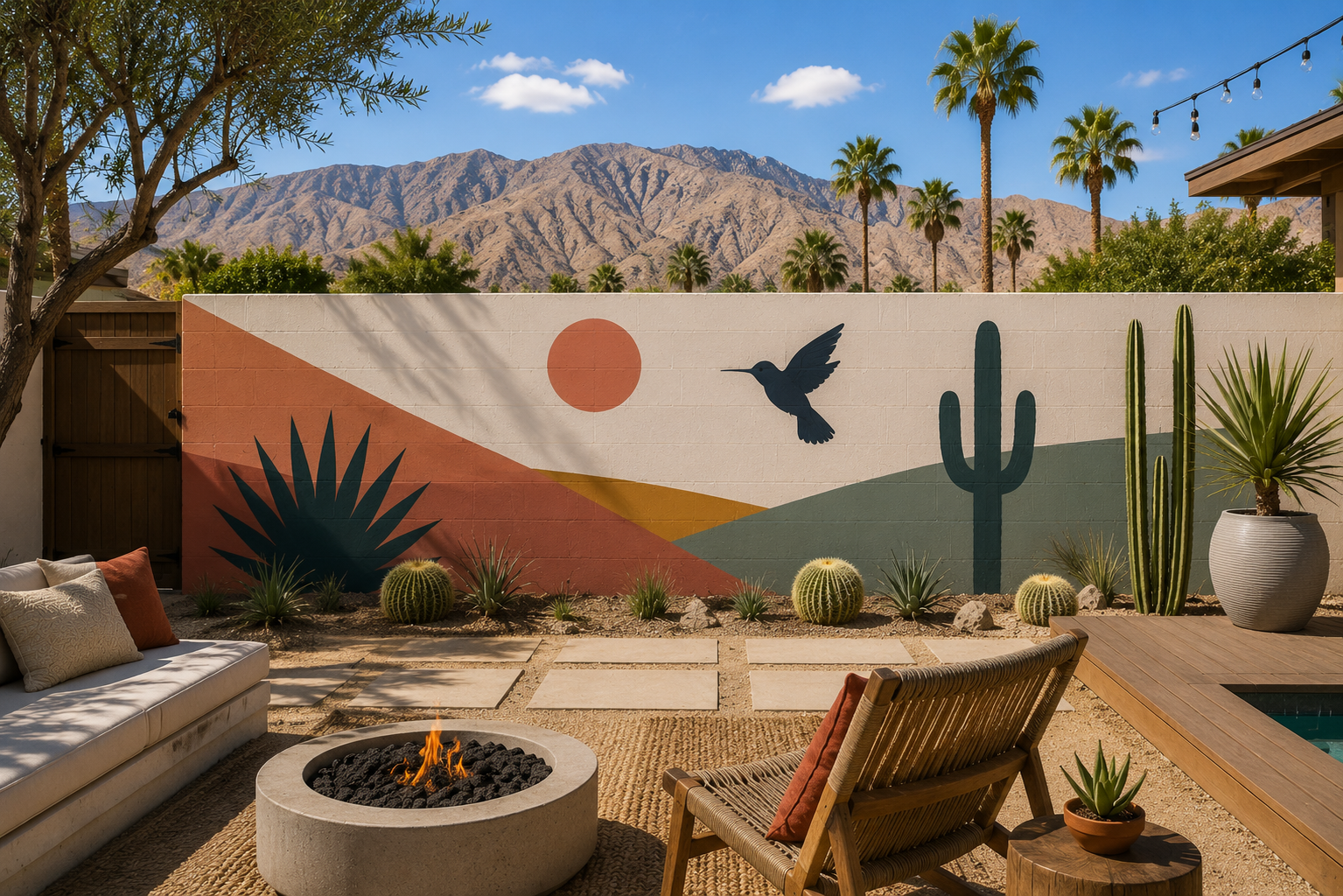 Hard-edge geometric desert dunes and hummingbird wall mural painted by a Palm Springs muralist for hire