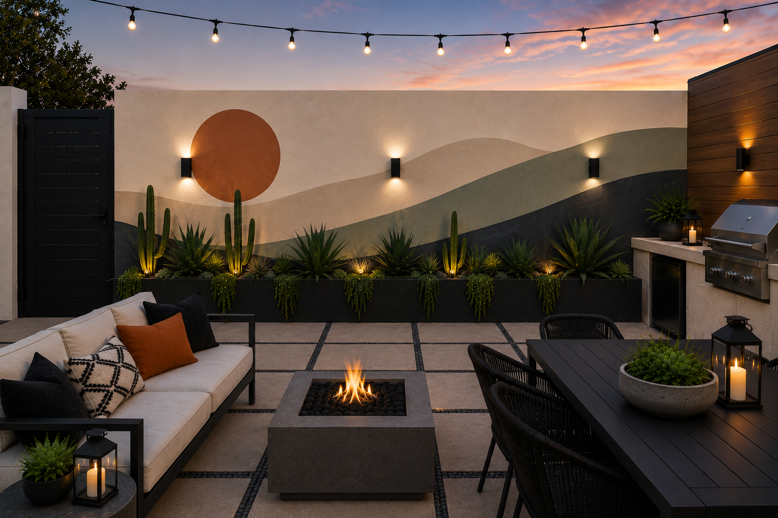 Terracotta sun and dunes fire pit patio mural painted by a Palm Springs muralist for hire