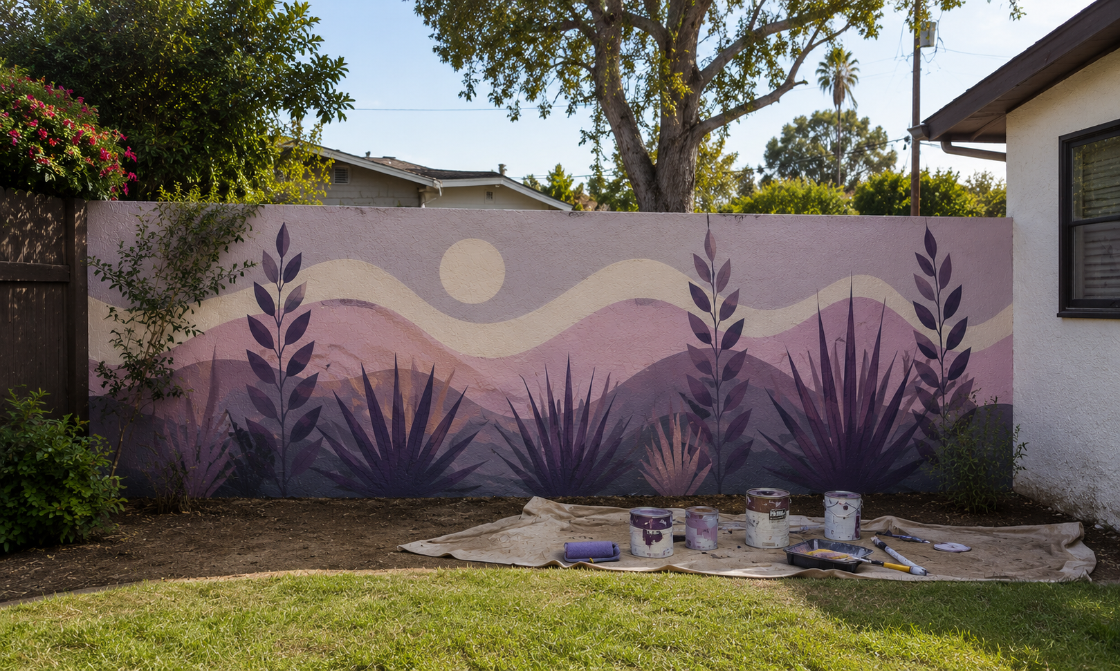 Lavender agave and wavy desert hills garden perimeter mural hand-painted by a Palm Springs muralist for hire
