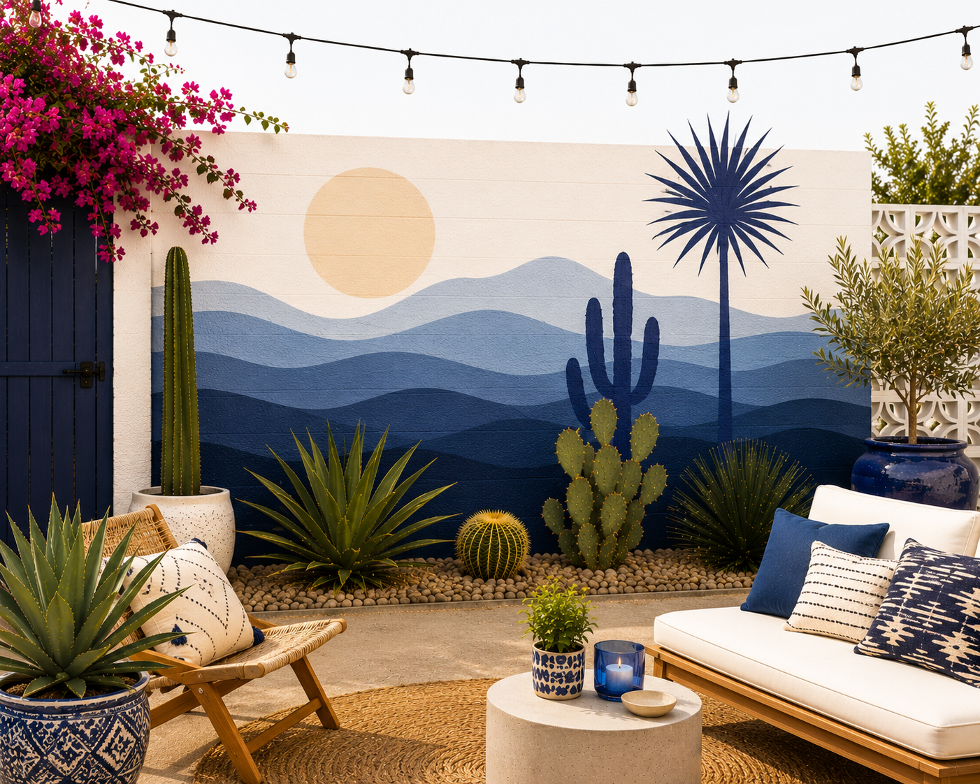 Cobalt blue wave dunes and fan palm patio mural hand-painted by Palm Springs mural painter Warren Priske
