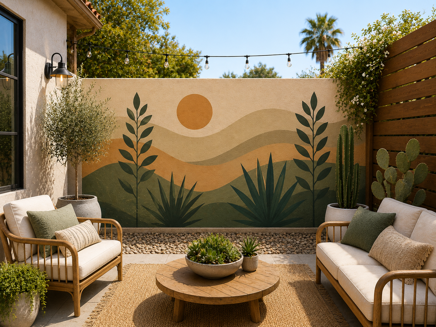 Botanical branch and rolling dune courtyard mural hand-painted by Palm Springs mural painter Warren Priske