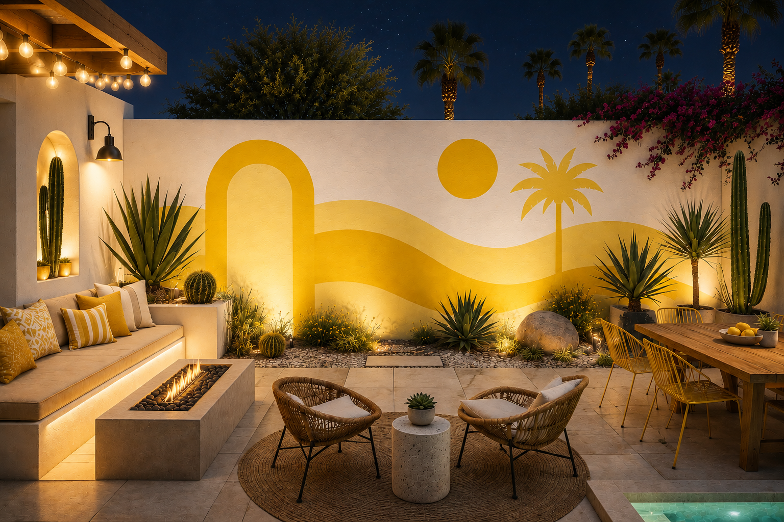 Lemon yellow arch and sun desert patio mural hand-painted by Palm Springs mural artist Warren Priske