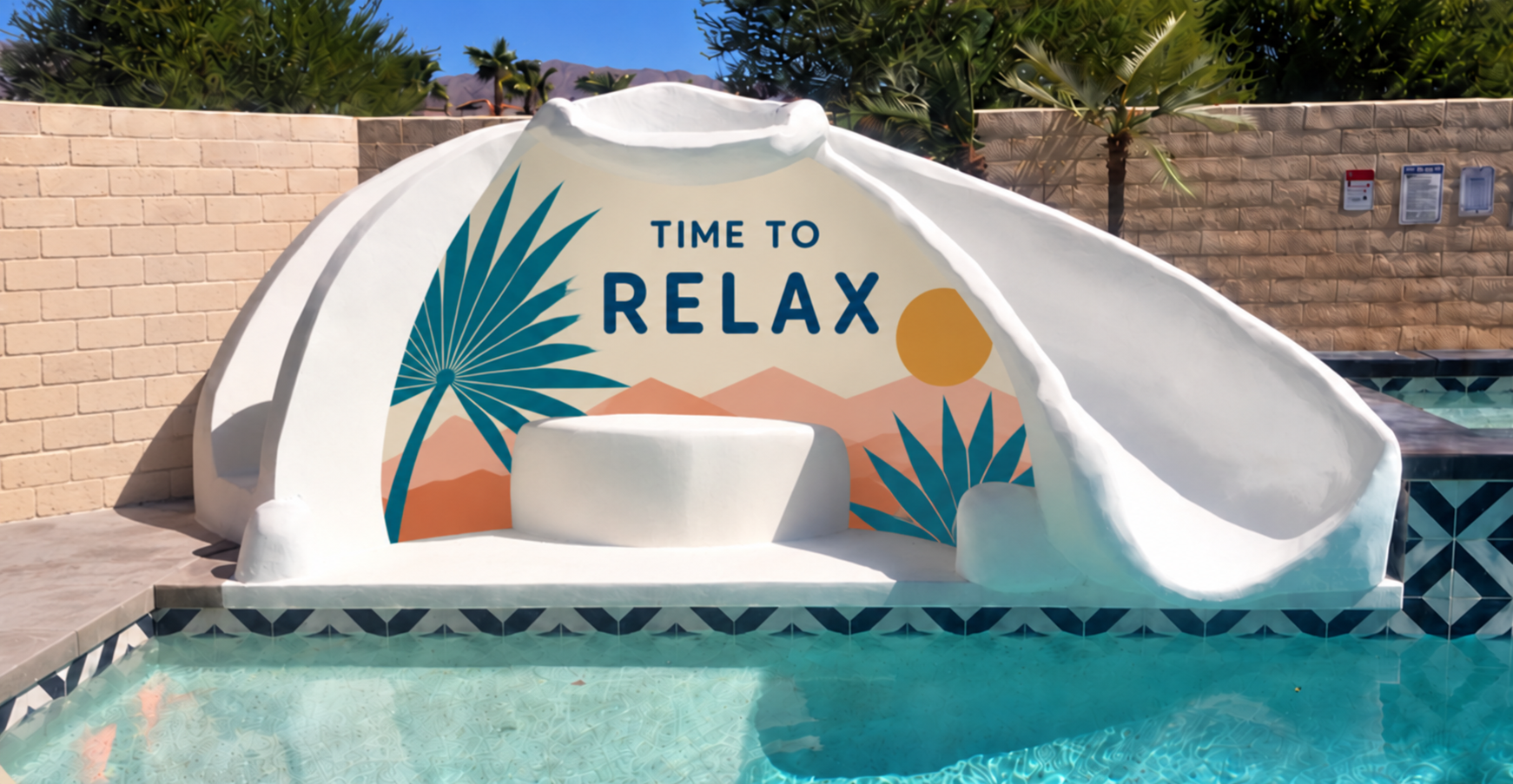 Custom poolside water slide grotto mural hand-painted by Palm Springs mural artist Warren Priske