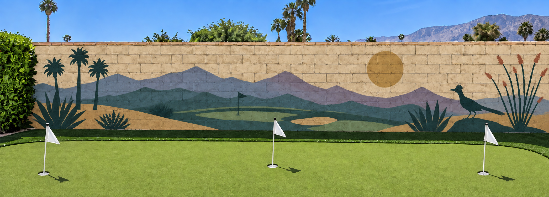 Desert putting green and roadrunner panoramic wall mural hand-painted by Palm Springs mural artist Warren Priske