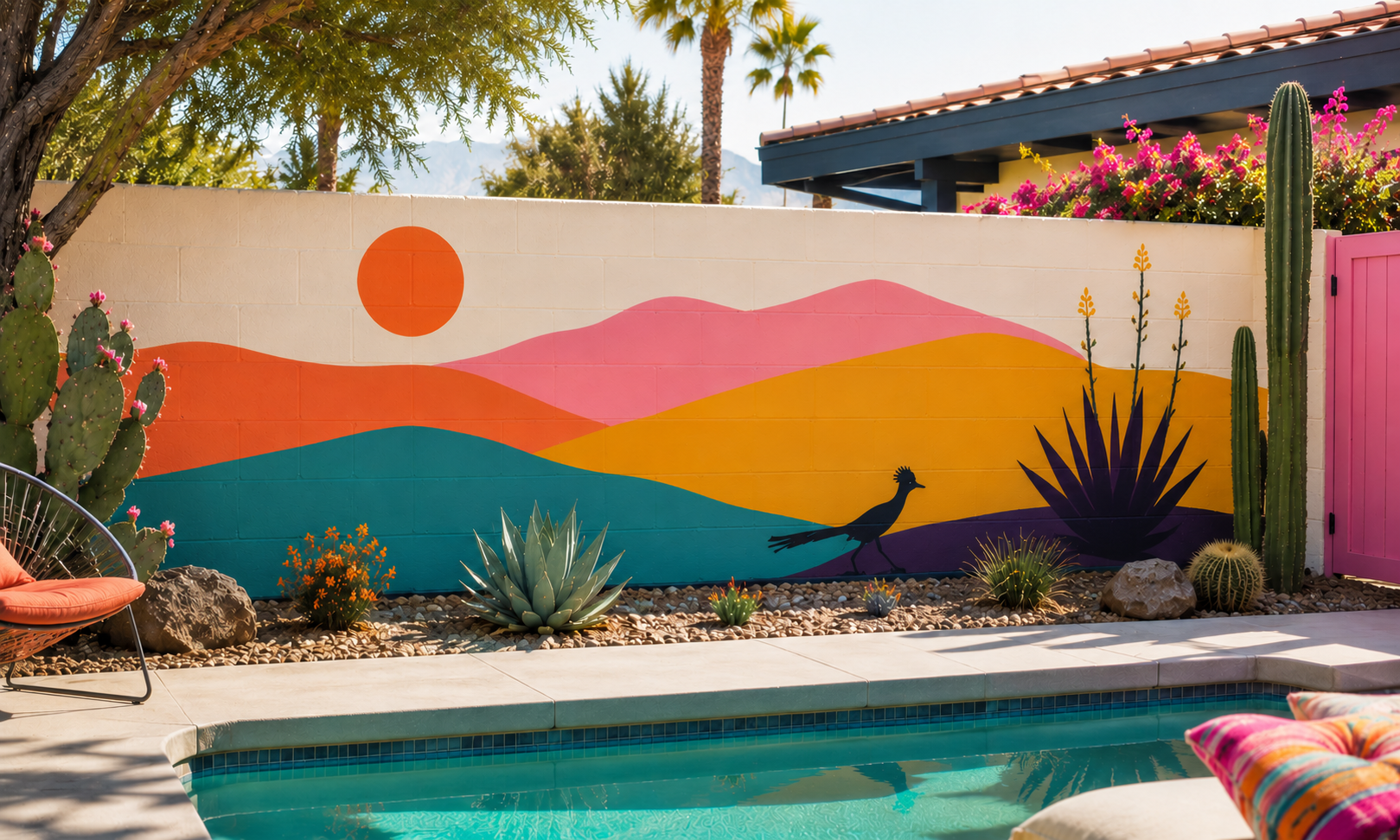 Roadrunner and color-blocked desert dunes poolside mural hand-painted by Palm Springs mural artist Warren Priske