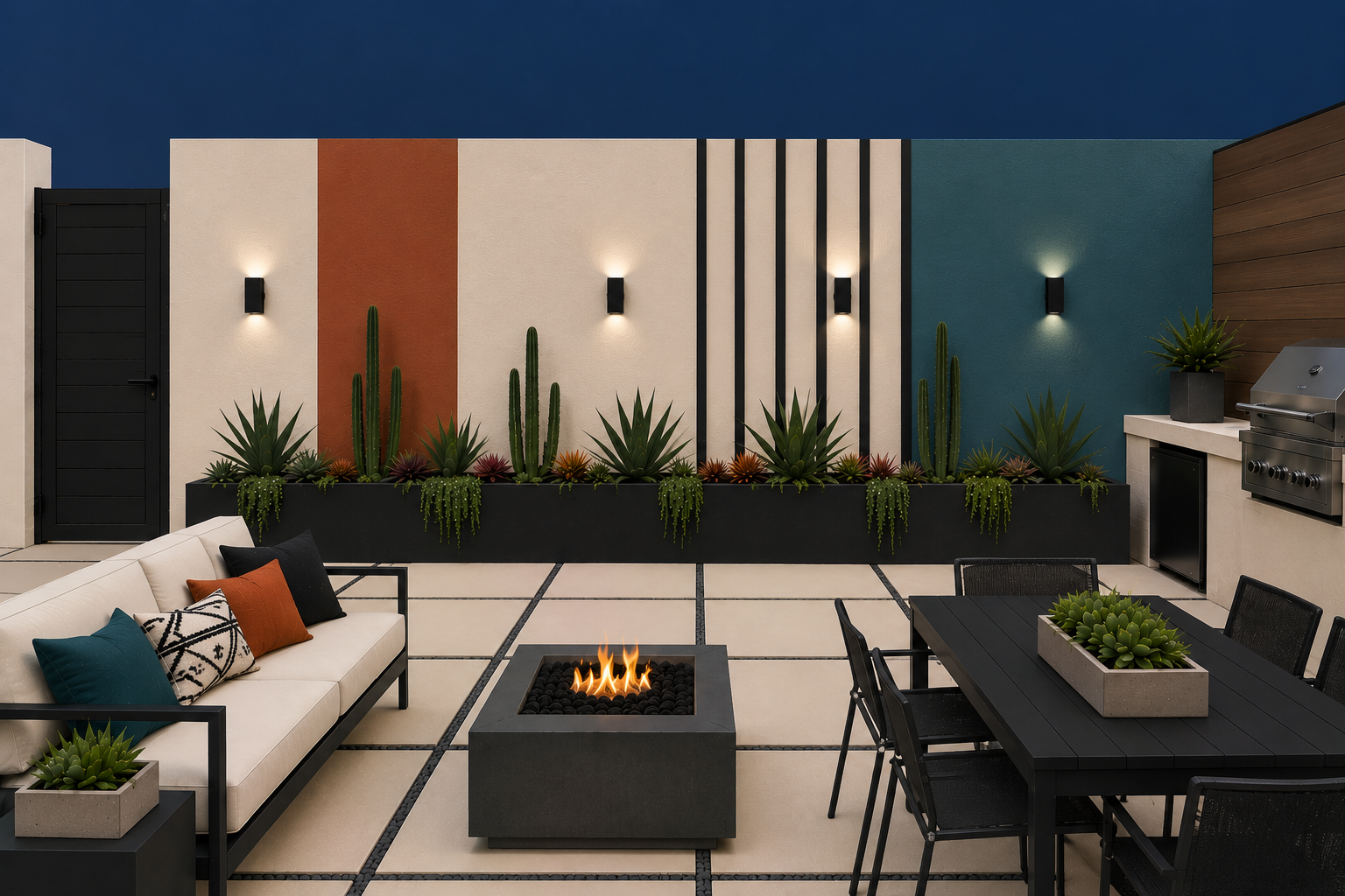 Mid-century geometric color block and pinstripe courtyard wall mural painted by a Palm Springs muralist for hire