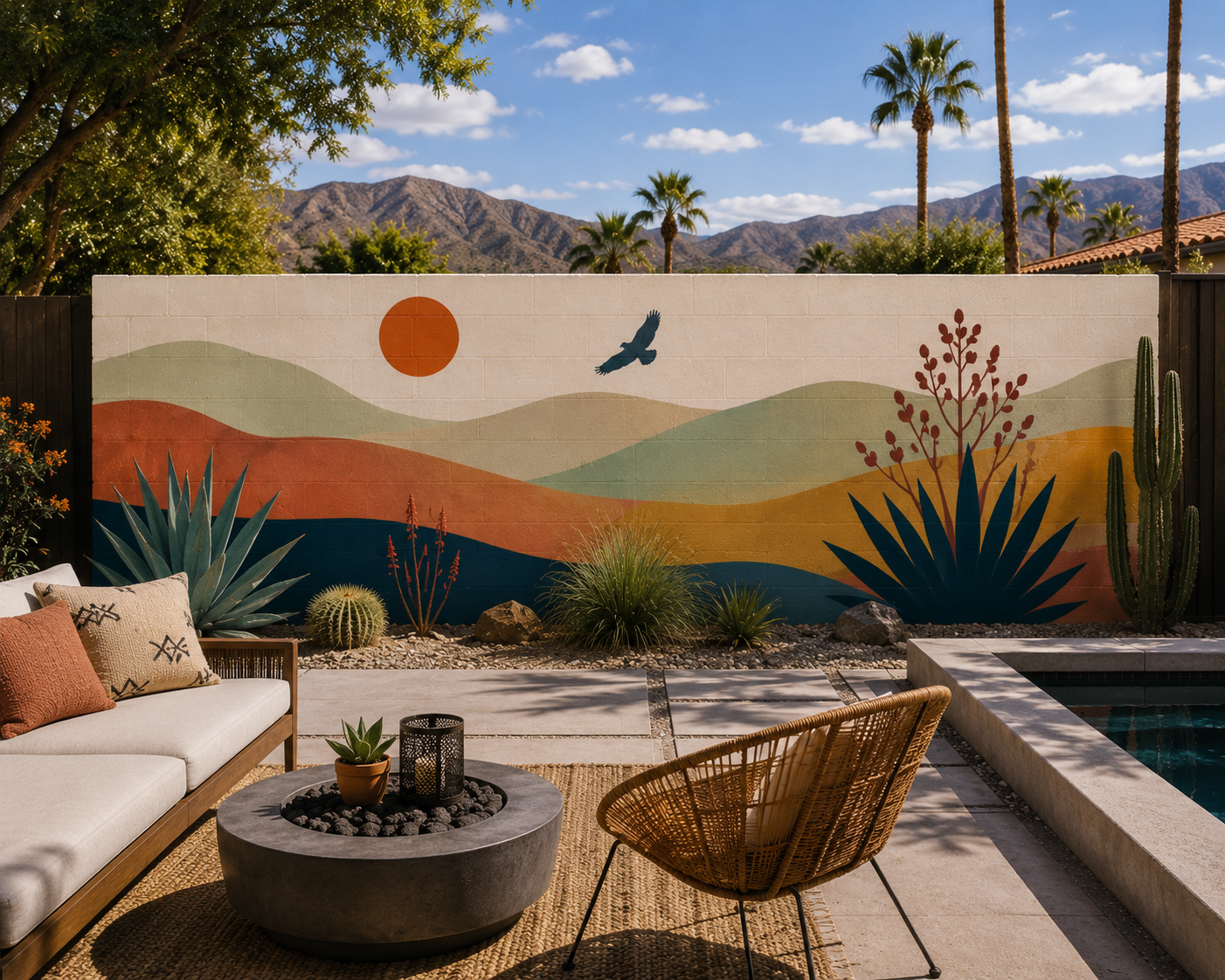 Custom desert landscape mural with sun, cactus, bird, and mountains by Palm Springs mural artist Warren Priske
