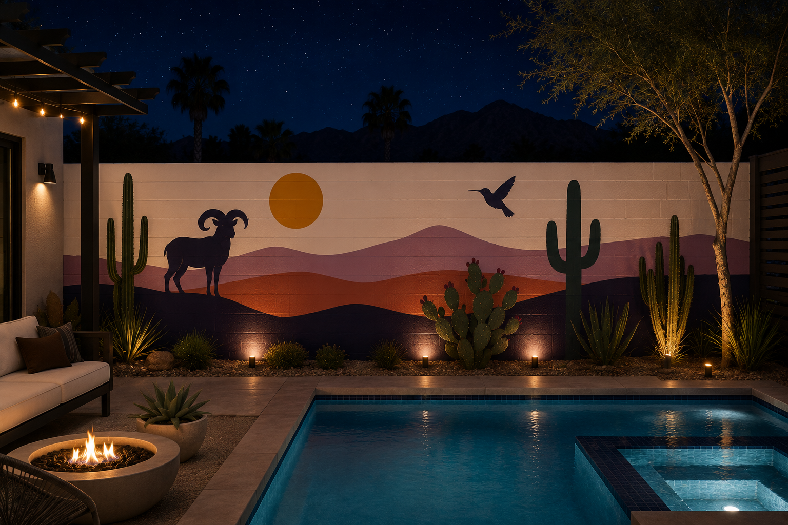 Starlit desert mountain mural with bighorn ram, hummingbird, and saguaro hand-painted by Palm Springs mural artist Warren Priske