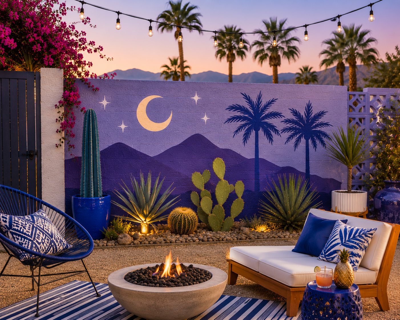 Twilight crescent moon, stars, and twin palms patio mural hand-painted by Palm Springs mural artist Warren Priske