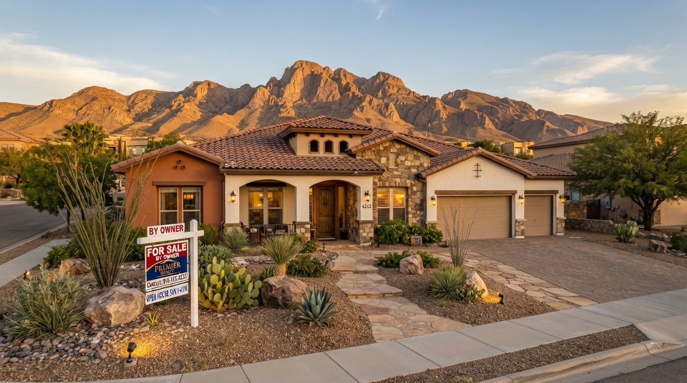 El Paso Texas home with a For Sale sign in the front yard and Franklin Mountains in the distance
