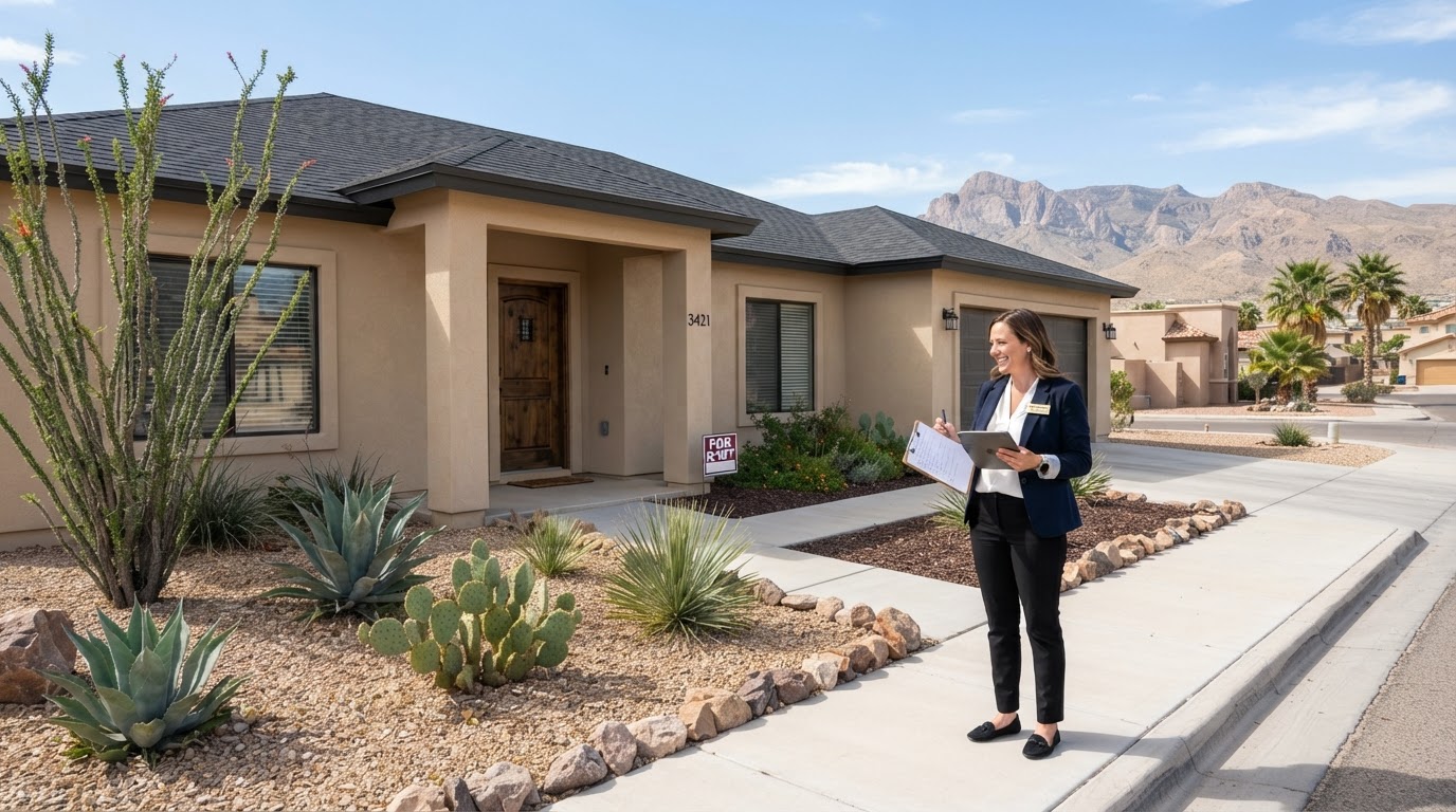 Military family moving into a home near Fort Bliss in El Paso Texas with desert landscaping