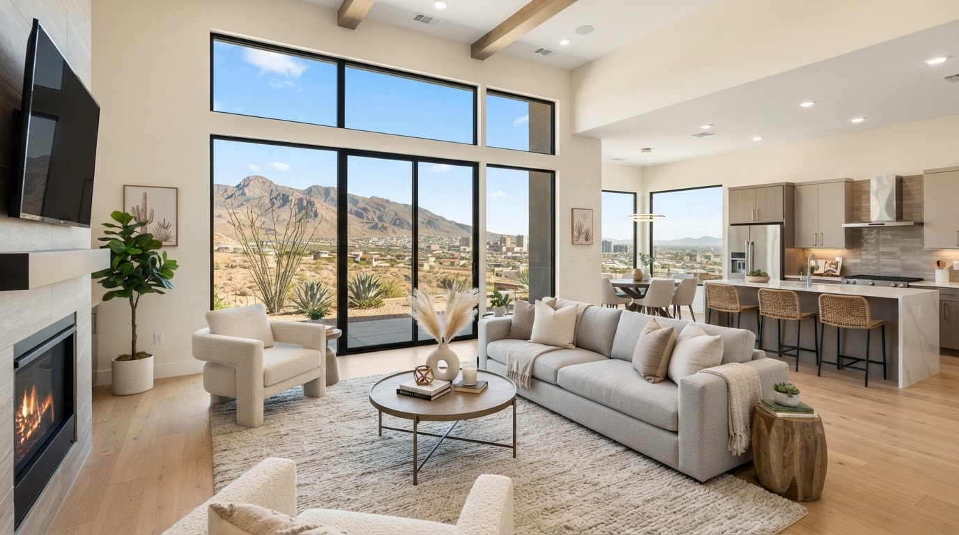 Bright El Paso Texas home interior staged for sale, open concept living room with desert views