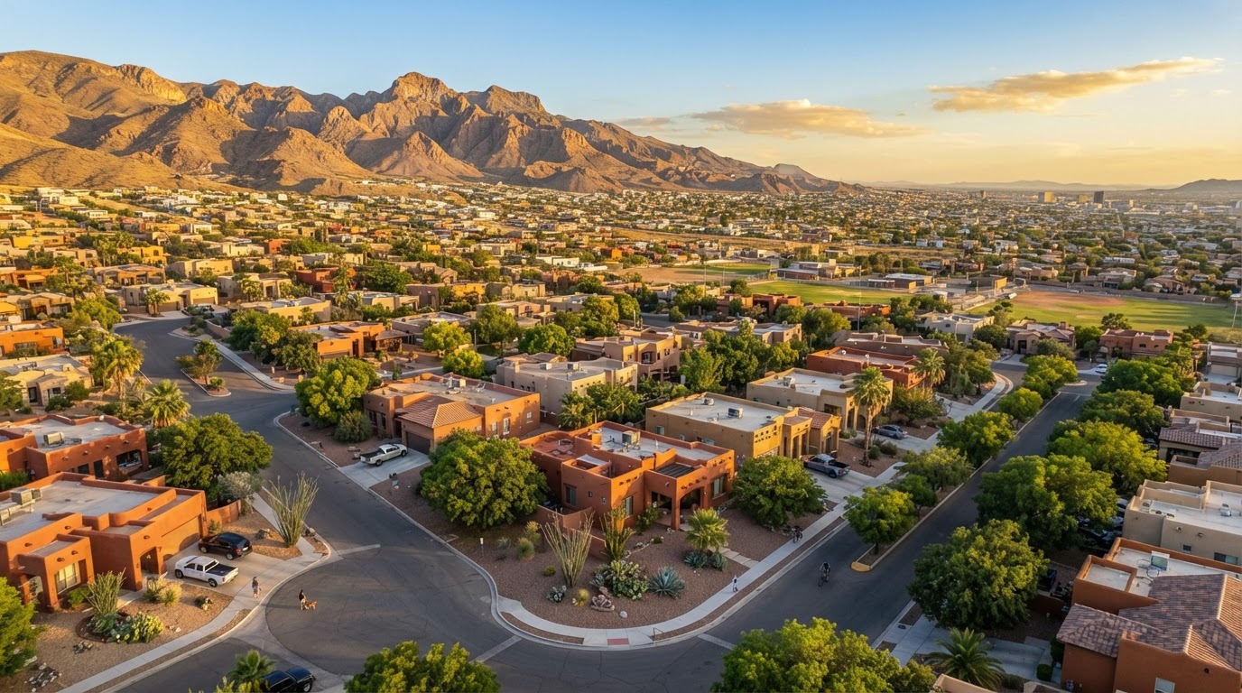 Welcoming El Paso Texas neighborhood with adobe homes and Franklin Mountains in the background