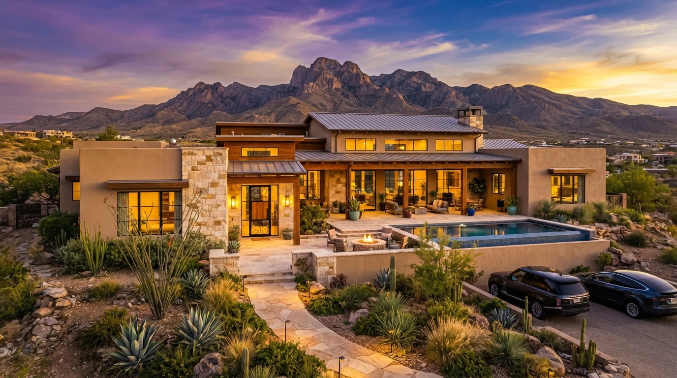 Beautiful El Paso, Texas home at golden hour with the Franklin Mountains