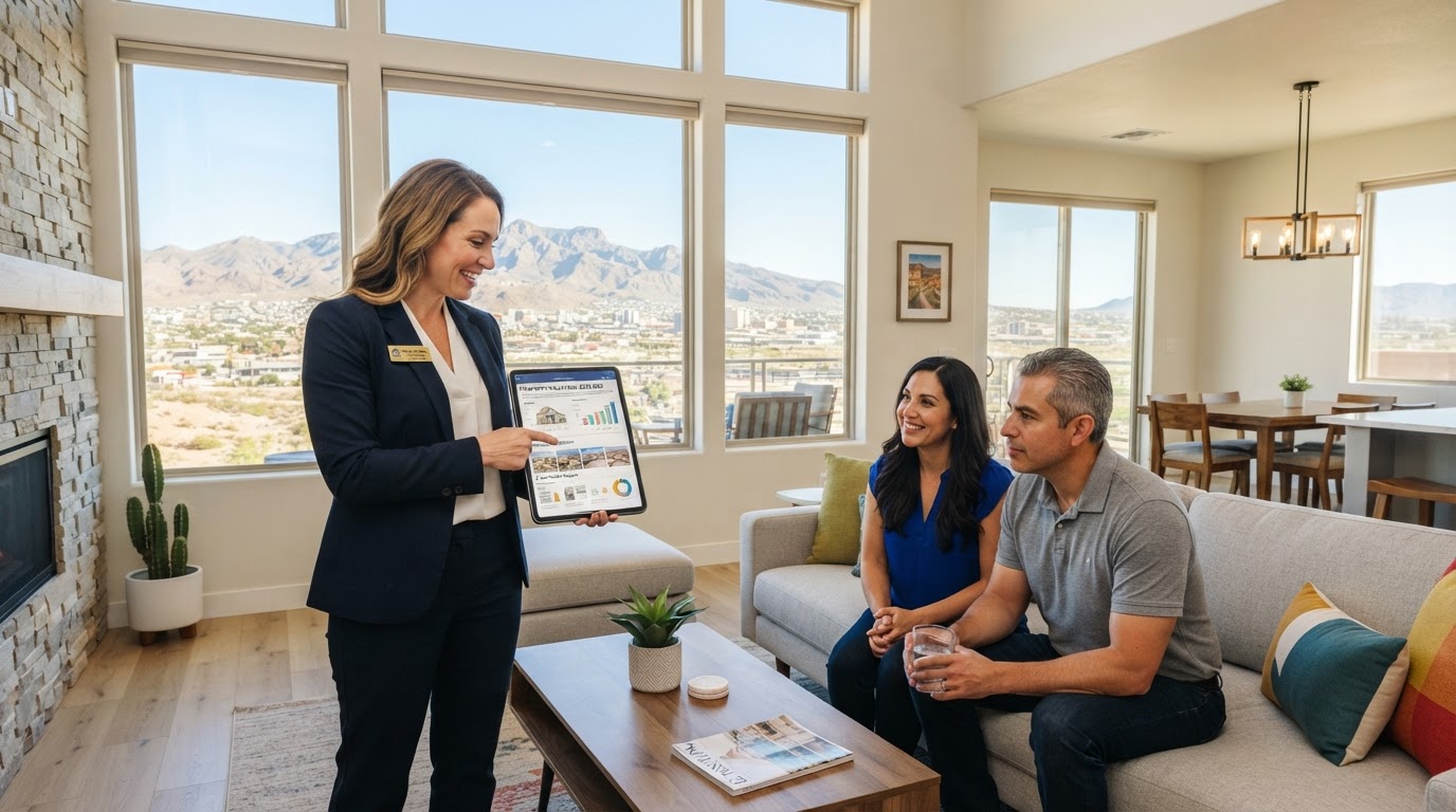 El Paso Texas home interior with an agent preparing a home valuation on a tablet