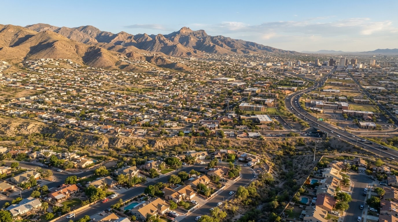 Aerial view of El Paso neighborhoods with the Franklin Mountains