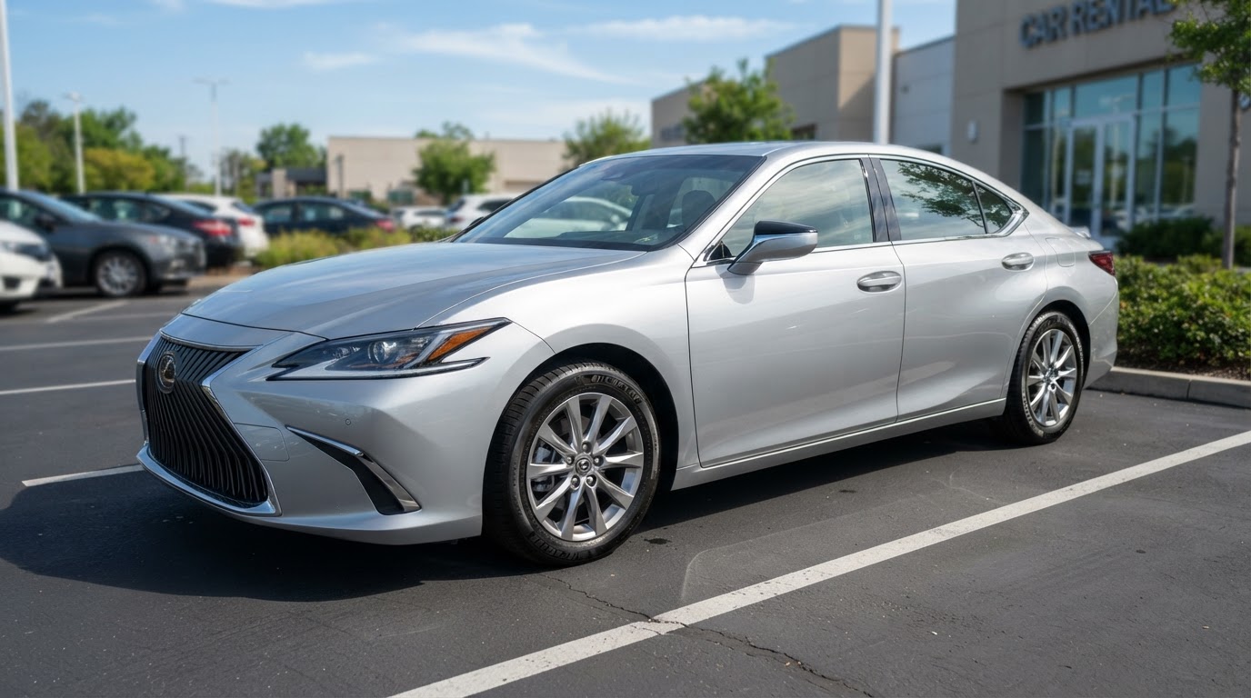 Modern silver sedan parked at a bright New Orleans car rental lot, representing weekly car rentals