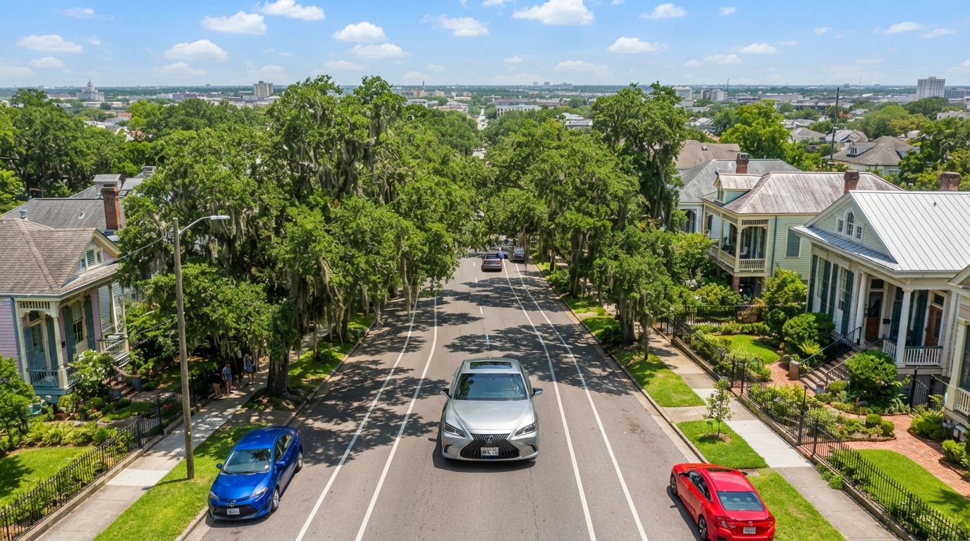 Silver sedan driving on a sunny New Orleans area street lined with oak trees