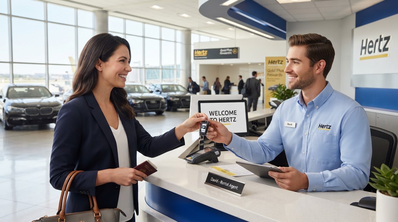 Rental agent handing car keys to a customer at the JonesFleetGroup pickup counter