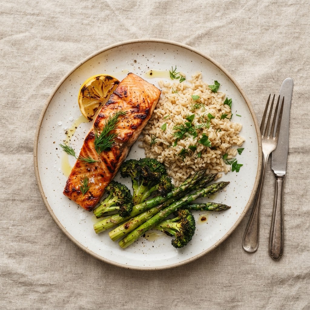 A balanced PRIME plate with salmon, vegetables and rice