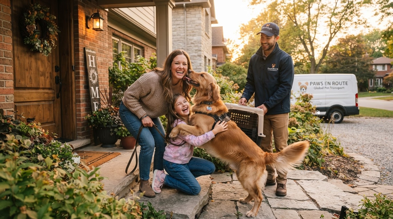 Family happily reunited with dog at arrival destination